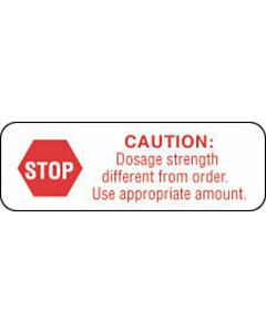 Communication Label (Paper, Permanent) Caution: Dosage 1 1/2" x 1/2" White - 1000 per Roll