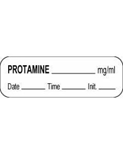 Anesthesia Label with Date, Time & Initial (Paper, Permanent) Protamine mg/ml 1 1/2" x 1/2" White - 1000 per Roll