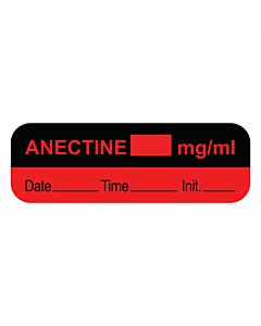Anesthesia Label with Date, Time & Initial (Paper, Permanent) Anectine mg/ml 1-1/2" Core 1-1/2" x 1/2" Fluorescent Red and Black - 1000 per Roll