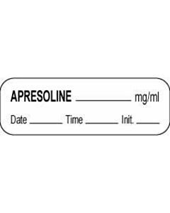 Anesthesia Label with Date, Time & Initial (Paper, Permanent) Apresoline mg/ml 1 1/2" x 1/2" White - 1000 per Roll