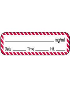 Anesthesia Label with Date, Time & Initial (Paper, Permanent) mg/ml 1 1/2" x 1/2" White with Fluorescent Red - 1000 per Roll