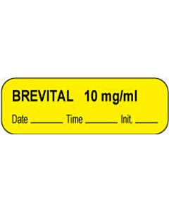Anesthesia Label with Date, Time & Initial (Paper, Permanent) Brevital 10 mg/ml 1 1/2" x 1/2" Yellow - 1000 per Roll