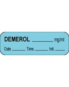Anesthesia Label with Date, Time & Initial (Paper, Permanent) Demerol mg/ml 1 1/2" x 1/2" Blue - 1000 per Roll