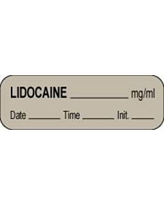 Anesthesia Label with Date, Time & Initial (Paper, Permanent) Lidocaine mg/ml 1 1/2" x 1/2" Gray - 1000 per Roll