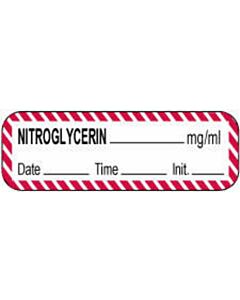 Anesthesia Label with Date, Time & Initial (Paper, Permanent) Nitroglycerin mg/ml 1 1/2" 1 1/2" x 1/2" White with Fluorescent Red - 1000 per Roll