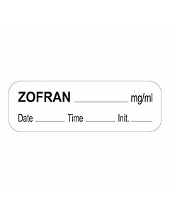 Anesthesia Label with Date, Time & Initial (Paper, Permanent) Zofran mg/ml 1 1/2" x 1/2" White - 1000 per Roll
