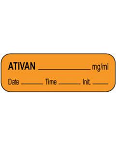 Anesthesia Label with Date, Time & Initial (Paper, Permanent) Ativan mg/ml 1 1/2" x 1/2" Orange - 1000 per Roll