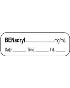 Anesthesia Label with Date, Time & Initial | Tall-Man Lettering (Paper, Permanent) Benadryl mg/ml 1 1/2" x 1/2" White - 1000 per Roll