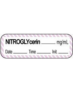 Anesthesia Label with Date, Time & Initial | Tall-Man Lettering (Paper, Permanent) Nitroglycerin mg/ml 1 1/2" x 1/2" White with Violet - 1000 per Roll