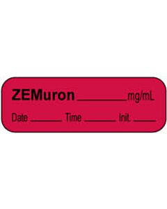 Anesthesia Label with Date, Time & Initial | Tall-Man Lettering (Paper, Permanent) Zemuron mg/ml 1 1/2" x 1/2" Fluorescent Red - 1000 per Roll