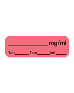 Anesthesia Label with Date, Time & Initial (Paper, Permanent) mg/ml 1 1/2" x 1/2" Fluorescent Red - 1000 per Roll