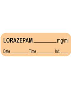 Anesthesia Label with Date, Time & Initial (Paper, Permanent) Lorazepam mg/ml 1 1/2" x 1/2" Orange - 1000 per Roll