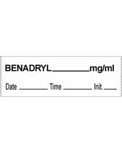 Anesthesia Tape with Date, Time & Initial (Removable) Benadryl mg/ml 1/2" x 500" - 333 Imprints - White - 500 Inches per Roll