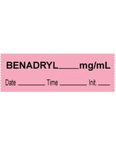 Anesthesia Tape with Date, Time & Initial (Removable) Benadryl mg/ml 1/2" x 500" - 333 Imprints - Pink - 500 Inches per Roll
