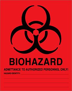 Hazard Label (Paper, Permanent) Biohazard  8"x10" Fluorescent Red - 50 Labels per Package