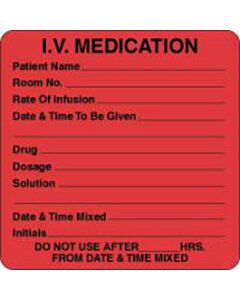 Communication Label (Paper, Permanent) I.V. Medication 2 1/2" x 2 1/2" Fluorescent Red - 500 per Roll