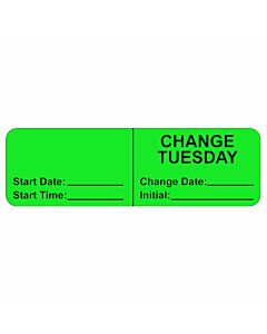 IV Label, Wraparound, Paper, Permanent, "Change Tuesday", 2-7/8"x7/8", Fl. Green, 1000 per Roll 