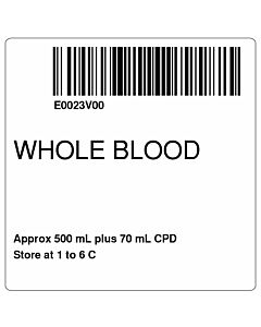 ISBT 128 Label (Synthetic, Permanent) "Whole Blood" 2"x2" White - 500 per Roll