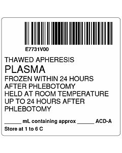 ISBT 128 Label (Synthetic, Permanent) "Thawed Apheresis Plasma", 2"x2" White, 500 per Roll