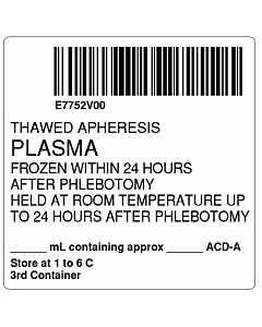 ISBT 128 Label (Synthetic, Permanent) "Thawed Apheresis Plasma", 2"x2" White, 500 per Roll