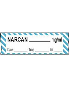 Anesthesia Tape with Date, Time & Initial (Removable) Narcan mg/ml 1/2" x 500" - 333 Imprints - White and Blue - 500 Inches per Roll