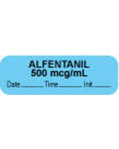 Anesthesia Label with Date, Time & Initial (Paper, Permanent) "Alfentanil 500 mcg/ml" 1 1/2" x 1/2" Blue - 1000 per Roll