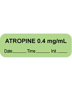 Anesthesia Label with Date, Time & Initial (Paper, Permanent) "Atropine 0.4 mg/ml" 1 1/2" x 1/2" Green - 1000 per Roll