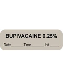 Anesthesia Label with Date, Time & Initial (Paper, Permanent) "Bupivacaine 0.25%" 1 1/2" x 1/2" Gray - 1000 per Roll