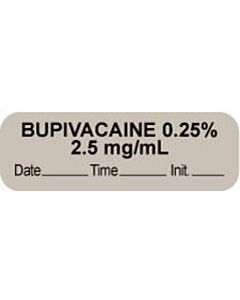 Anesthesia Label with Date, Time & Initial (Paper, Permanent) "Bupivacaine 0.25% 2.5 mg/ml 1 1/2" x 1/2" Gray - 1000 per Roll