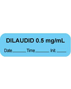 Anesthesia Label with Date, Time & Initial (Paper, Permanent) "Dilaudid 0.5 mg/ml" 1 1/2" x 1/2" Blue - 1000 per Roll