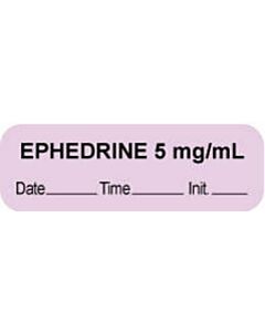 Anesthesia Label with Date, Time & Initial (Paper, Permanent) "Ephedrine 5 mg/ml" 1 1/2" x 1/2" Violet - 1000 per Roll