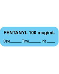 Anesthesia Label with Date, Time & Initial (Paper, Permanent) "Fentanyl 100 mcg/ml" 1 1/2" x 1/2" Blue - 1000 per Roll