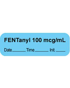 Anesthesia Label with Date, Time & Initial | Tall-Man Lettering (Paper, Permanent) "Fentanyl 100 mcg/ml" 1 1/2" x 1/2" Blue - 1000 per Roll