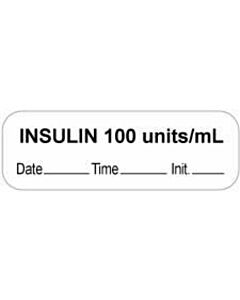 Anesthesia Label with Date, Time & Initial (Paper, Permanent) "Insulin 100 Units/ml" 1 1/2" x 1/2" White - 1000 per Roll
