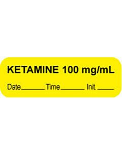 Anesthesia Label with Date, Time & Initial (Paper, Permanent) "Ketamine 100 mg/ml" 1 1/2" x 1/2" Yellow - 1000 per Roll