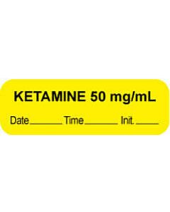 Anesthesia Label with Date, Time & Initial (Paper, Permanent) "Ketamine 50 mg/ml" 1 1/2" x 1/2" Yellow - 1000 per Roll
