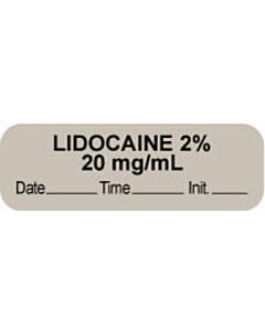 Anesthesia Label with Date, Time & Initial (Paper, Permanent) "Lidocaine 2% 20 mg/ml" 1 1/2" x 1/2" Gray - 1000 per Roll