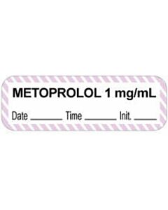 Anesthesia Label with Date, Time & Initial (Paper, Permanent) "Metoprolol 1 mg/ml" 1 1/2" x 1/2" White with Violet - 1000 per Roll