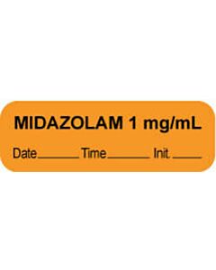 Anesthesia Label with Date, Time & Initial (Paper, Permanent) "Midazolam 1 mg/ml" 1 1/2" x 1/2" Orange - 1000 per Roll