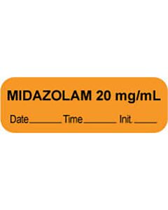 Anesthesia Label with Date, Time & Initial (Paper, Permanent) "Midazolam 20 mg/ml" 1 1/2" x 1/2" Orange - 1000 per Roll