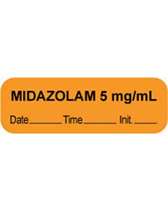Anesthesia Label with Date, Time & Initial (Paper, Permanent) "Midazolam 5 mg/ml" 1 1/2" x 1/2" Orange - 1000 per Roll