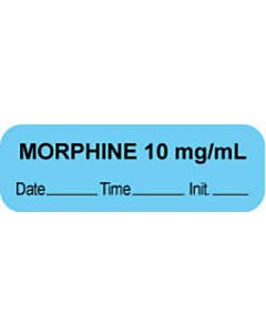 Anesthesia Label with Date, Time & Initial (Paper, Permanent) "Morphine 10 mg/ml" 1 1/2" x 1/2" Blue - 1000 per Roll