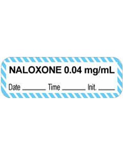 Anesthesia Label with Date, Time & Initial (Paper, Permanent) "Naloxone 0.04 mg/ml" 1 1/2" x 1/2" White with Blue - 1000 per Roll