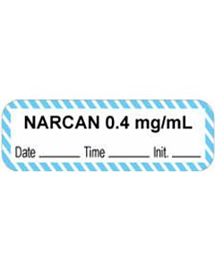 Anesthesia Label with Date, Time & Initial (Paper, Permanent) "Narcan 0.4 mg/ml" 1 1/2" x 1/2" White with Blue - 1000 per Roll
