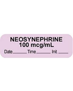 Anesthesia Label with Date, Time & Initial (Paper, Permanent) "Neosynephrine 100 mcg" 1 1/2" x 1/2" Violet - 1000 per Roll