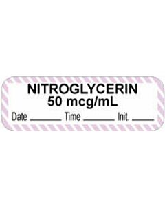 Anesthesia Label with Date, Time & Initial (Paper, Permanent) "Nitroglycerin 50 mcg/ml" 1 1/2" x 1/2" White with Violet - 1000 per Roll