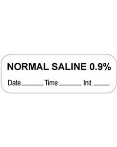 Anesthesia Label with Date, Time & Initial (Paper, Permanent) "Normal Saline 0.9%" 1 1/2" x 1/2" White - 1000 per Roll