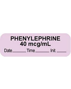 Anesthesia Label with Date, Time & Initial (Paper, Permanent) "Phenylephrine 40 mcg" 1 1/2" x 1/2" Violet - 1000 per Roll