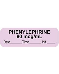 Anesthesia Label with Date, Time & Initial (Paper, Permanent) "Phenylephrine 80 mcg" 1 1/2" x 1/2" Violet - 1000 per Roll