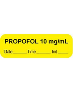 Anesthesia Label with Date, Time & Initial (Paper, Permanent) "Propofol 10 mg/ml" 1 1/2" x 1/2" Yellow - 1000 per Roll